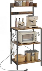 HOMCOM Estantería de Cocina con 2 Tomacorrientes Estante para Microondas Estante Ajustable Ganchos 60x42x137 cm Marrón Rústico | Aosom Romania