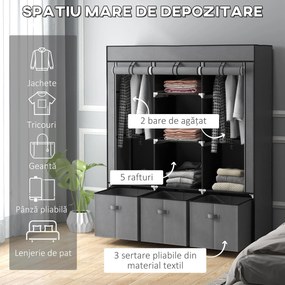 HOMCOM Șifonier din Pânză, Garderob Pliabil cu Rafturi și Sertare, Uși care se Rulează cu Fermoar, 125x43x162.5 cm, Gri | Aosom Romania