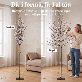 HOMCOM Copac de Crăciun tip cireș, 180 cm, cu LED-uri, 20 ramuri, timer zilnic, pentru interior și exterior acoperit, negru | Aosom Romania