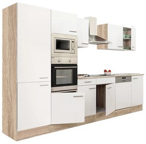 Mobilă de bucătărie Yorki 340, corp din stejar sonoma, față alb satinat, cu dulap cu raft