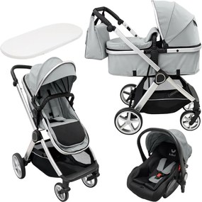 Carucior copii 3 in 1 Kidizi Moveo gri, landou transformabil in parte sport, scoica auto R129, cadru silver, pana la 22 kg (0–4 ani), saltea si geanta incluse