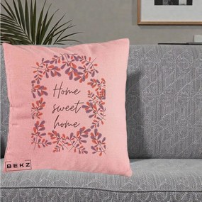 Perna Decorativa Home Sweet Home Frunze Colorate, 40x40 cm, Roz, Husa Detasabila, Perna Inclusa, BEKZ®