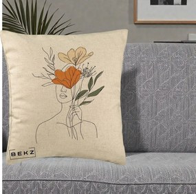 Perna Decorativa Portret Feminin Coroana Florala, 40x40 cm, Bej, Husa Detasabila, Perna Inclusa, BEKZ®