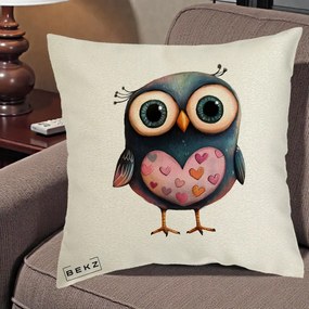 Perna Decorativa Bufnita cu Inimioare Roz, 40x40 cm, Ecru, Husa Detasabila, Perna Inclusa, BEKZ®