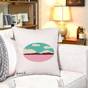 Perna Decorativa Peisaj Desert Oval Pastel, 40x40 cm, Bej cu Franjuri, Husa Detasabila, Perna Inclusa, BEKZ®