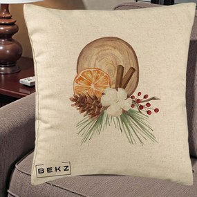 Perna Decorativa Aranjament de Craciun Nordic, 40x40 cm, Bej, Husa Detasabila, Perna Inclusa, BEKZ®