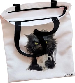 Sacosa de Panza pentru Cumparaturi, Geanta Tote, model Coffee Addict, Cu fermoar, 38x34.5 cm, Alba, BEKZ®