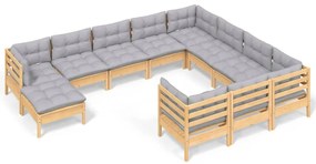 Set mobilier gradina cu perne gri, 11 piese, lemn de pin Maro  si gri, 1