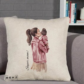 Cadou pentru Mama - Perna Personalizata Super Mom Jachete Roz, 40x40 cm, Bej Canapea, Husa Detasabila, Perna Inclusa, BEKZ®