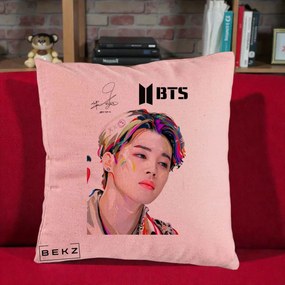 Perna Personalizata K-pop BTS Jimin Portret Artistic Multicolor cu Autograf, 40x40 cm, Roz, Husa Detasabila, Perna Inclusa, BEKZ®