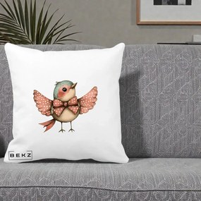 Perna Decorativa Pasare Roz cu Aripi si Fundita, 40x40 cm, Alba Mata, Husa Detasabila, Perna Inclusa, BEKZ®