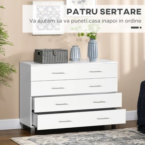 HOMCOM Comodă cu 4 Sertare, Picioare și Mânere din Aliaj, 112x38,2x81 cm, Alb | Aosom Romania