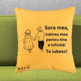 Cadou pentru Sora - Perna Personalizata Sora Mea Te Iubesc Copii Tinand Maini din Spate, 40x40 cm, Galben, Husa Detasabila, Perna Inclusa, BEKZ®