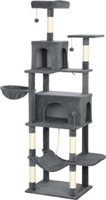 PawHut Arborele pentru Pisici mare, 202 cm, cu 6 Stâlpi de Zgâriat, 2 Hamace, 2 Stinghii, 2 Pompoane, Gri inchis | Aosom Romania