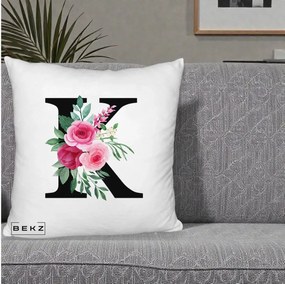 Cadou Personalizat - Perna Personalizata Monograma Florala Litera K, 40x40 cm, Alb Pufos, Husa Detasabila, Perna Inclusa, BEKZ®