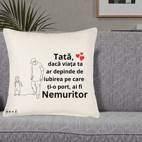 Cadou pentru Tata - Perna Personalizata Tata Nemuritor Joaca cu Mingea, 40x40 cm, Crem Reliefat, Husa Detasabila, Perna Inclusa, BEKZ®