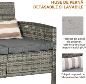 Outsunny Canapea pentru Exterior Gradina sau Terasa cu 3 locuri dim Ratan cu perne si dungi, Gri 173x68x78cm | Aosom Romania