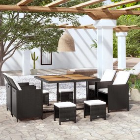 42530 vidaXL Set mobilier de exterior, 9 piese negru, poliratan, lemn acacia