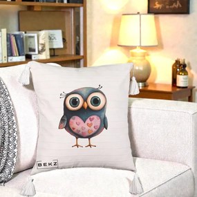 Perna Decorativa Bufnita cu Inimioare Roz, 40x40 cm, Bej cu Franjuri, Husa Detasabila, Perna Inclusa, BEKZ®