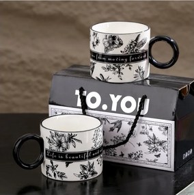 Set 2 căni din ceramică, „TO YOU” alb-negru, în cutie cadou premium, 310 ml, eCarla, KB11