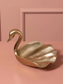 Bol decorativ din aluminiu, auriu, model lebădă cu aripi în valuri, finisaj lucios, 13 x 20 x 18 cm, „Cygne”