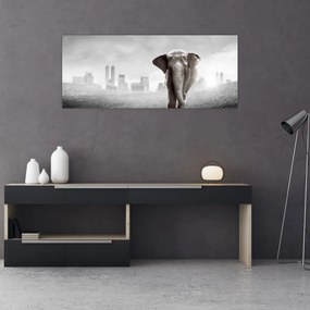 Tablou - Elefanți în oraș, versiunea alb-negru (120x50 cm)