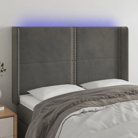 3123957 vidaXL Tăblie de pat cu LED, gri închis, 147x16x118/128 cm, catifea