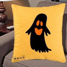 Perna Decorativa Halloween Fantoma Neagra cu Ochi Portocalii, 40x40 cm, Galben, Husa Detasabila, Perna Inclusa, BEKZ®