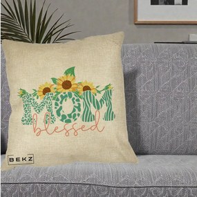 Cadou pentru Mama - Perna Personalizata Mom Blessed cu Floarea Soarelui Animal Print Teal, 40x40 cm, Crem, Husa Detasabila, Perna Inclusa, BEKZ®