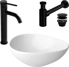 Pachet lavoar pe blat Cersanit Moduo alb 56.5 cm, baterie lavoar Rea Lungo negru si ventil lavoar Click-Clack negru