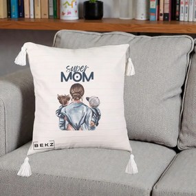 Cadou pentru Mama - Perna Personalizata Super Mom, 40x40 cm, Bej cu Franjuri, Husa Detasabila, Perna Inclusa, BEKZ®