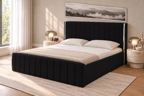 Pat tapițat din catifea Aurelia 200×200 cm, negru, detalii argintii, cu ladă de depozitare