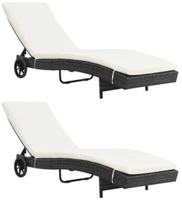 vidaXL Șezlonguri cu roți și perne, 2 buc., negru, poliratan