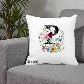 Cadou Personalizat - Perna Personalizata Monogram Litera P cu Flori Acuarela, 40x40 cm, Alba Mata, Husa Detasabila, Perna Inclusa, BEKZ®