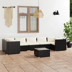 Set mobilier de gradina cu perne, 8 piese, negru, poliratan negru si crem, 4x colt + 3x mijloc + masa, 1