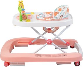 Premergator Premium reglabil in 3 trepte de inaltime NOVOKIDS™ ZooZoo Baby ,Roti silentioase din silicon, Cu melodii, Animalute, Pliabil, Roz