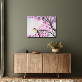 Tablou - Pasăre pe un copac cu flori roz (70x50 cm)