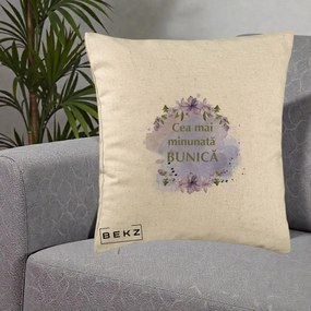 Cadou pentru Bunica - Perna Personalizata Cea Mai Minunata Bunica Flori Mov Acuarela Verde, 40x40 cm, Bej, Husa Detasabila, Perna Inclusa, BEKZ®