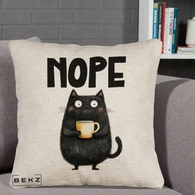 Perna Decorativa NOPE Pisica Neagra Cafea, 40x40 cm, Bej Canapea, Husa Detasabila, Perna Inclusa, BEKZ®