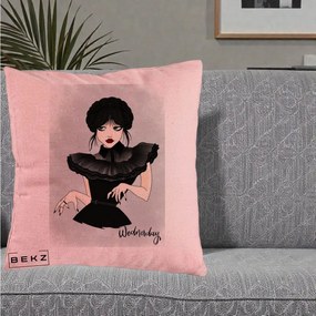 Perna Personalizata Wednesday Addams Portret Gotic, 40x40 cm, Roz, Husa Detasabila, Perna Inclusa, BEKZ®