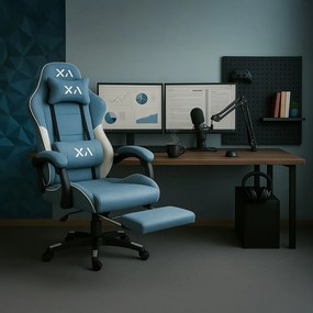Scaun de gaming bleu din stofa cu suport de picioare OFF 295