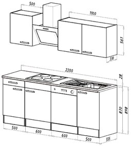 Mobilă de bucătărie Yorki 220, corp din stejar Yorki, cu față alb satinat