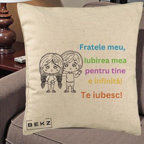 Cadou pentru Frate - Perna Personalizata Fratele Meu Te Iubesc Copii Anime Colorat, 40x40 cm, Bej, Husa Detasabila, Perna Inclusa, BEKZ®