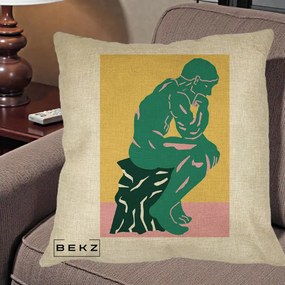 Perna Decorativa Ganditorul Sculptura Pop Art, 40x40 cm, Crem, Husa Detasabila, Perna Inclusa, BEKZ®