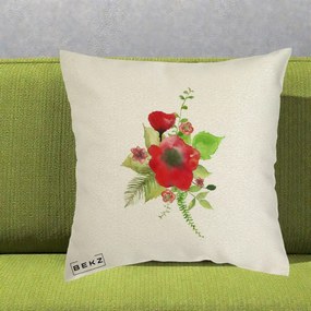 Perna Decorativa Buchet Rosu Acuarela, 40x40 cm, Ecru, Husa Detasabila, Perna Inclusa, BEKZ®