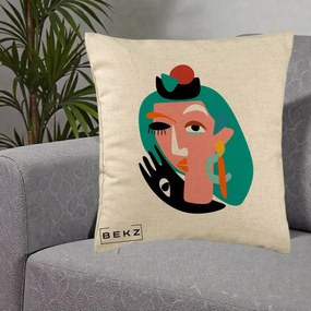 Perna Decorativa Portret Abstract Matisse Turcoaz, 40x40 cm, Bej, Husa Detasabila, Perna Inclusa, BEKZ®