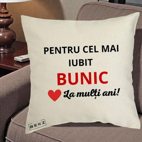 Cadou pentru Bunic - Perna Personalizata Pentru Cel Mai Iubit Bunic La Multi Ani Rosu, 40x40 cm, Ecru, Husa Detasabila, Perna Inclusa, BEKZ®