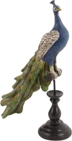 Statuetă decorativă din polirășină, albastru, păun pe bază, finisaj antichizat, 41 x 26 x 11 cm, „Paon”
