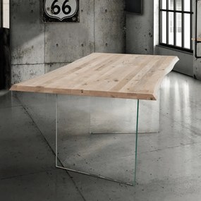 MASA GLASS - BLAT LEMN MASIV CU PICIOR STICLA SECURIZATA - LEMN NATUR - 250 CM / 100 CM / H 77 CM