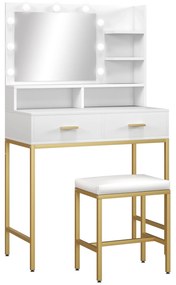 HOMCOM Masă de Machiaj cu Oglindă LED, Scaun și Rafturi, 80x40x138 cm, Alb | Aosom Romania